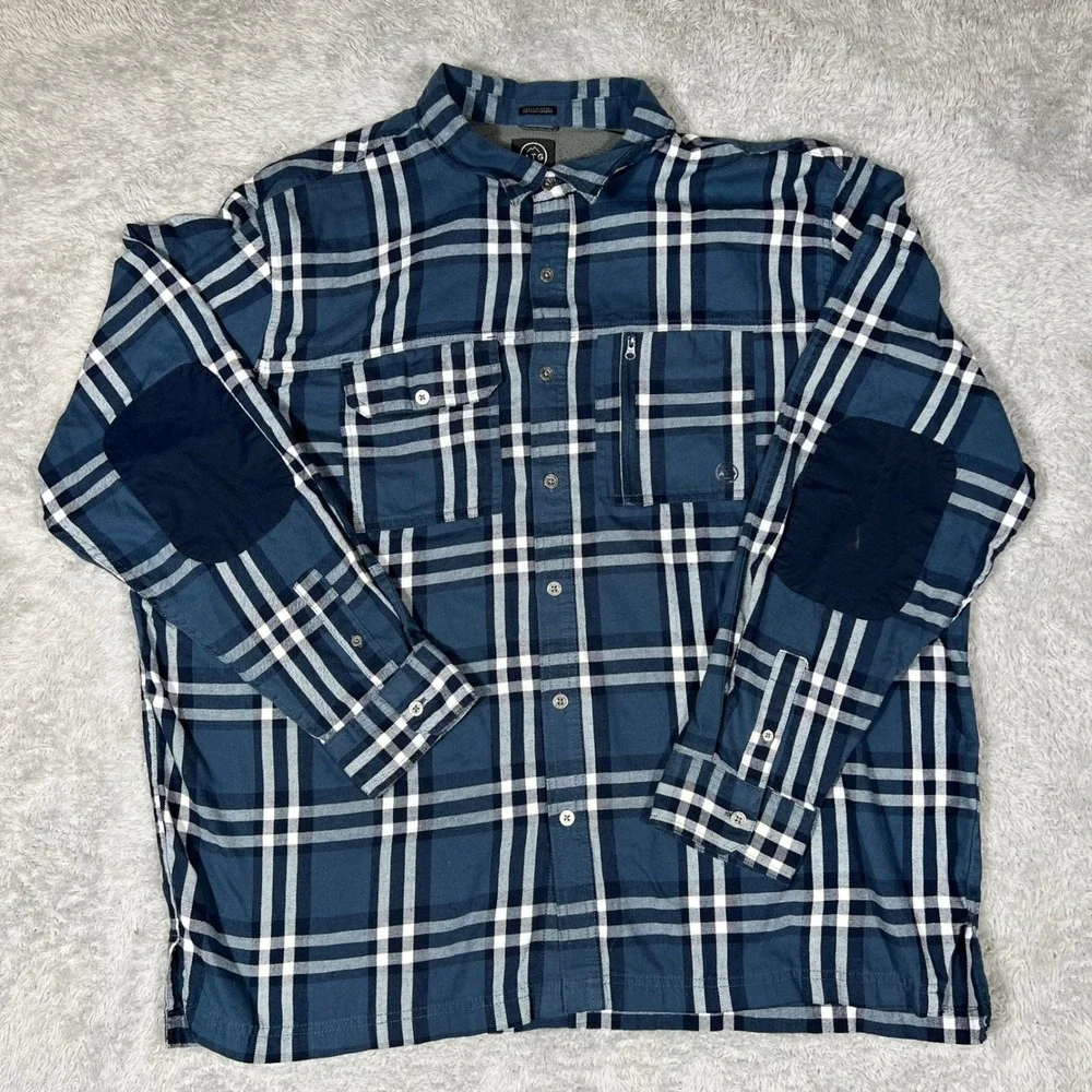 ATG Wrangler Mens 2XL Blue Plaid Flannel Shirt Elbow Patches Outdoor Utility